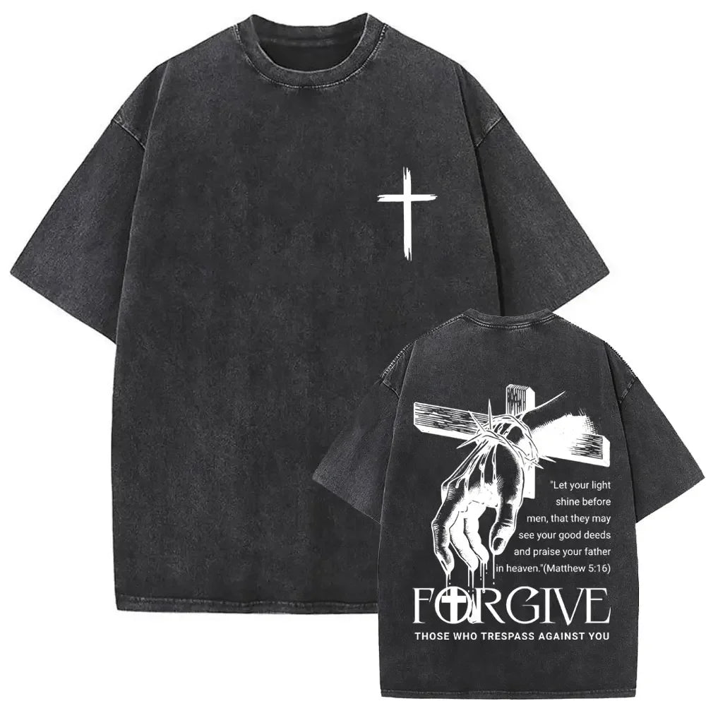 Christian Religious Jesus Forgive Them Father Vintage Washed T-shirt Men Women Gothic Rock Oversized T Shirts Tops Streetwear