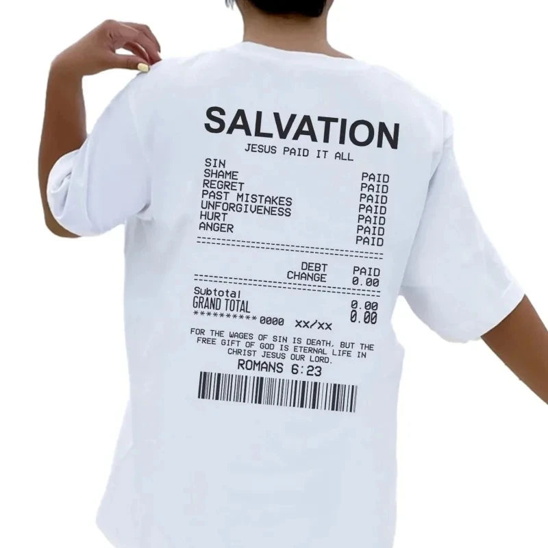 Women Salvation Back Print Bible Verse T-Shirts Oversized Funny Streetwear Christian Cotton T Shirts Jesus Faith Tees Tops