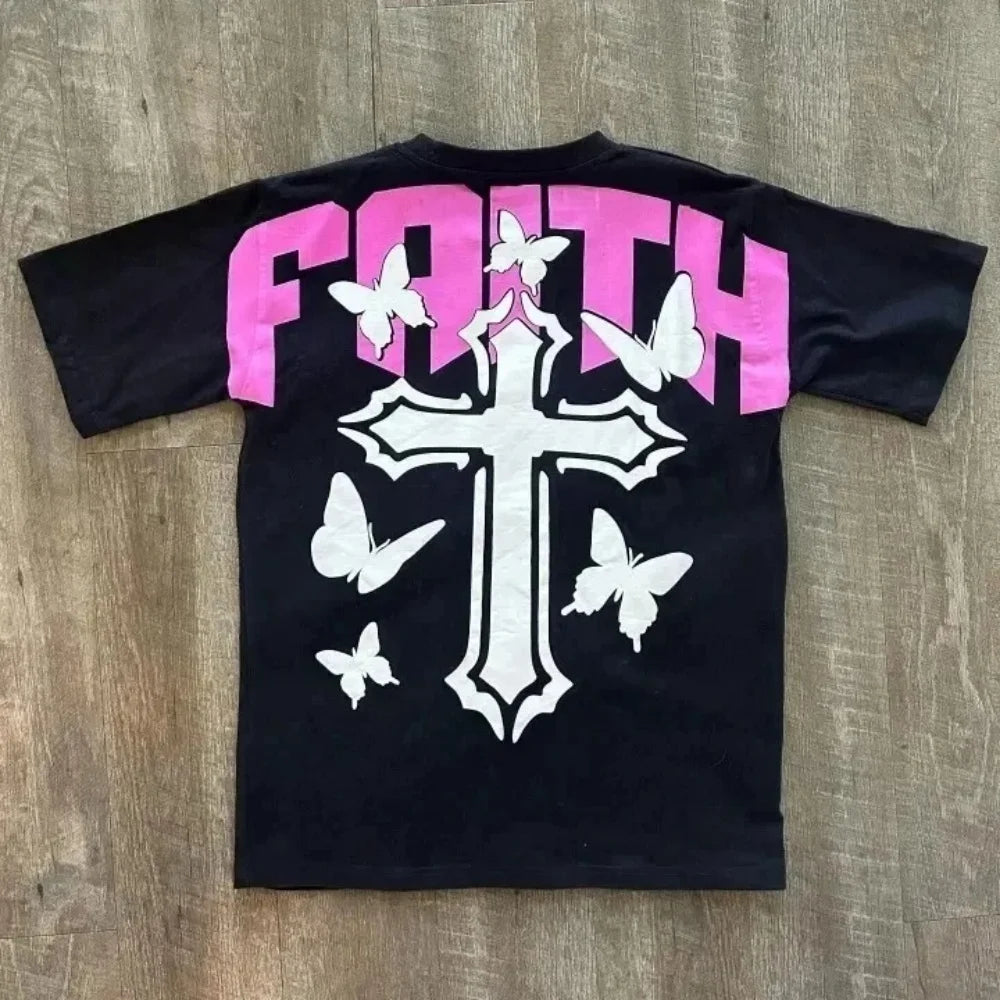Y2K Hip Hop Letter Retro Cross Graphic Print Streetwear T Shirt Oversized Tshirt Mens Womens Round Neck Cotton Short Sleeve Tops