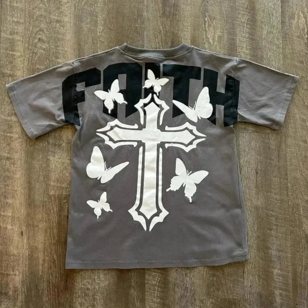Y2K Hip Hop Letter Retro Cross Graphic Print Streetwear T Shirt Oversized Tshirt Mens Womens Round Neck Cotton Short Sleeve Tops