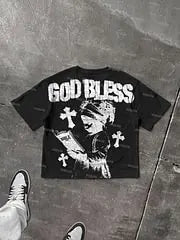 God Bless Children's Prayer Graphic Cotton T-shirt unisex high-quality top vintage t shirt