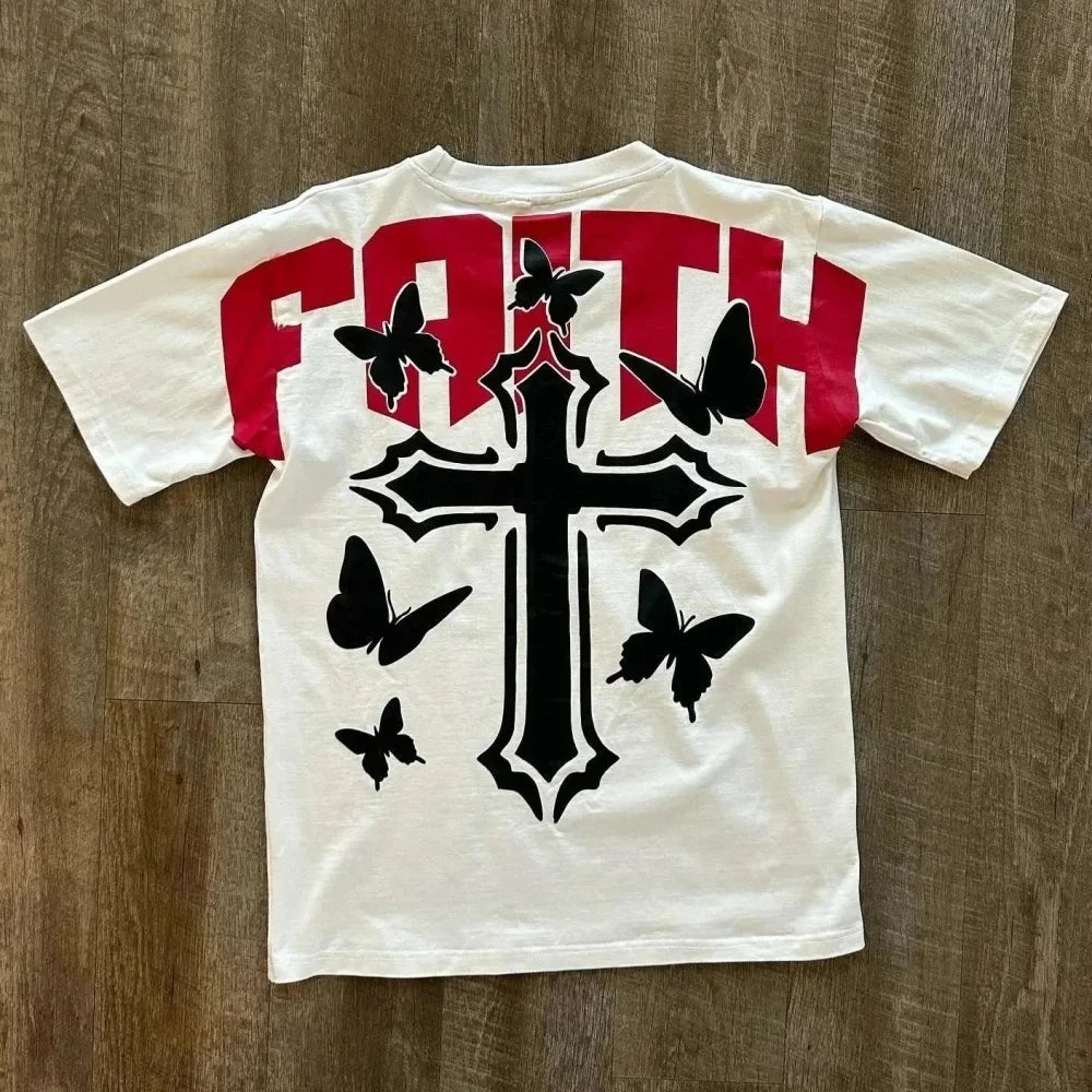 Y2K Hip Hop Letter Retro Cross Graphic Print Streetwear T Shirt Oversized Tshirt Mens Womens Round Neck Cotton Short Sleeve Tops