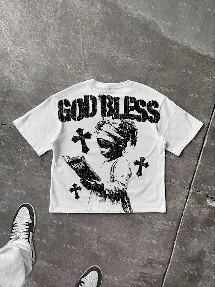 God Bless Children's Prayer Graphic Cotton T-shirt unisex high-quality top vintage t shirt